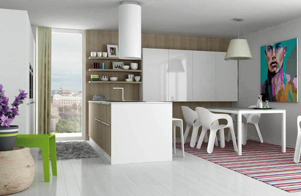 white gloss kitchen with wood