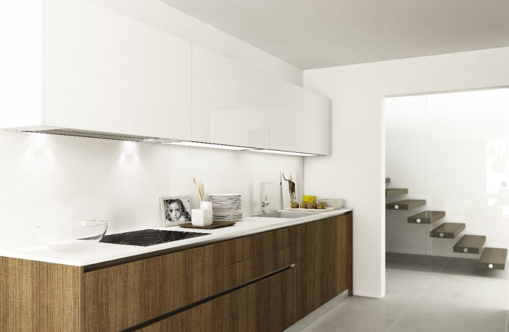 white kitchen worktop and cabinets